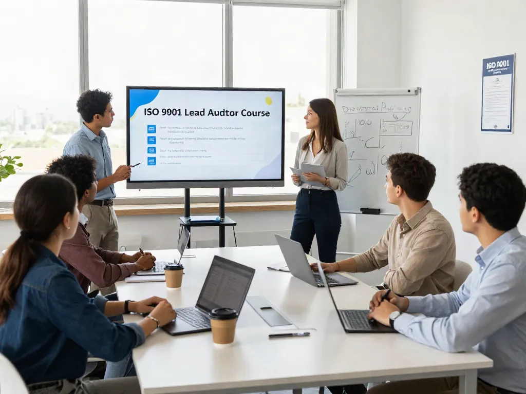 Participants engaging in the ISO 9001 Lead Auditor Course training in a modern office environment, showcasing collaboration and professional development.
