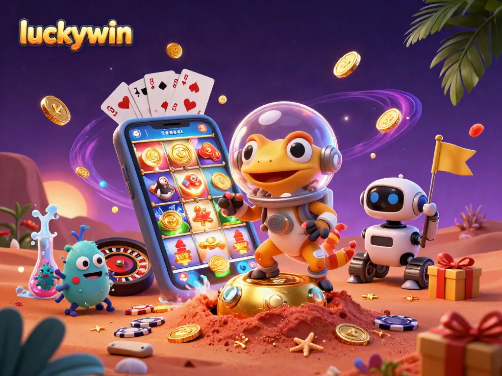 Experience exciting wins at luckywin with a vibrant casino-themed scene featuring a Martian gecko and slot games