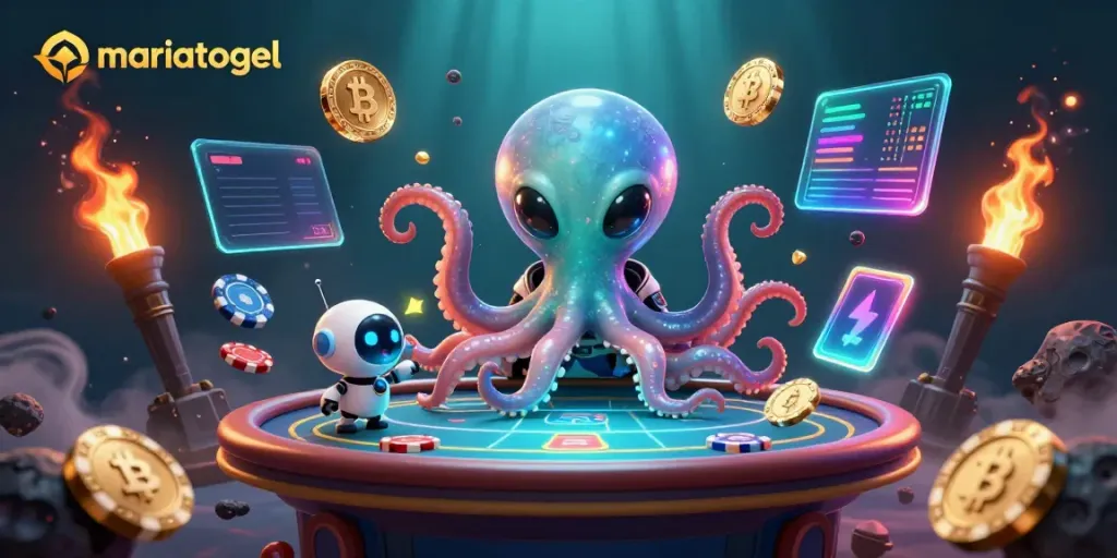 Join the excitement at mariatogel with a vibrant holographic poker table and alien characters.