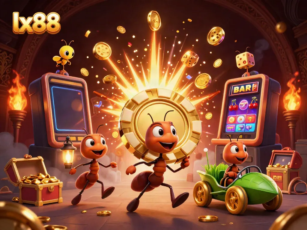 Experience the excitement of lx88 with 3D ants carrying a giant poker chip amidst a jackpot explosion.