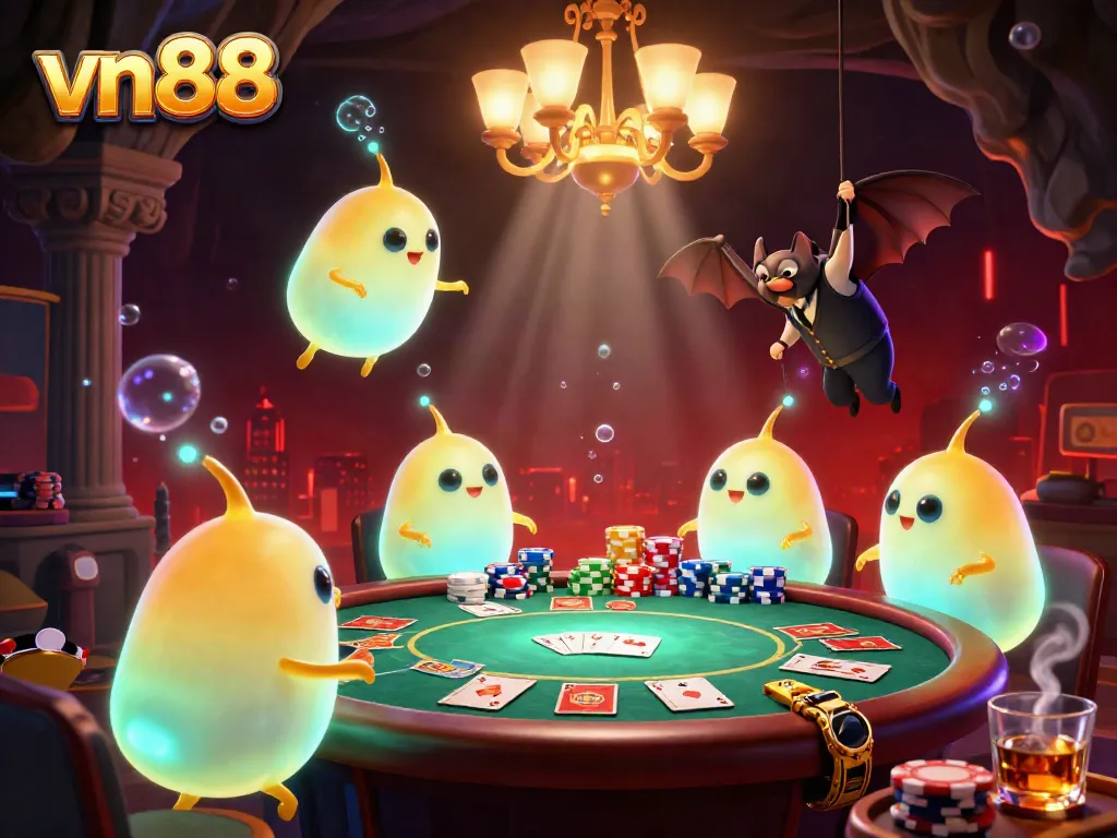 Experience thrilling gameplay at vn88 with a vibrant 3D casino scene and glowing characters amidst poker action.