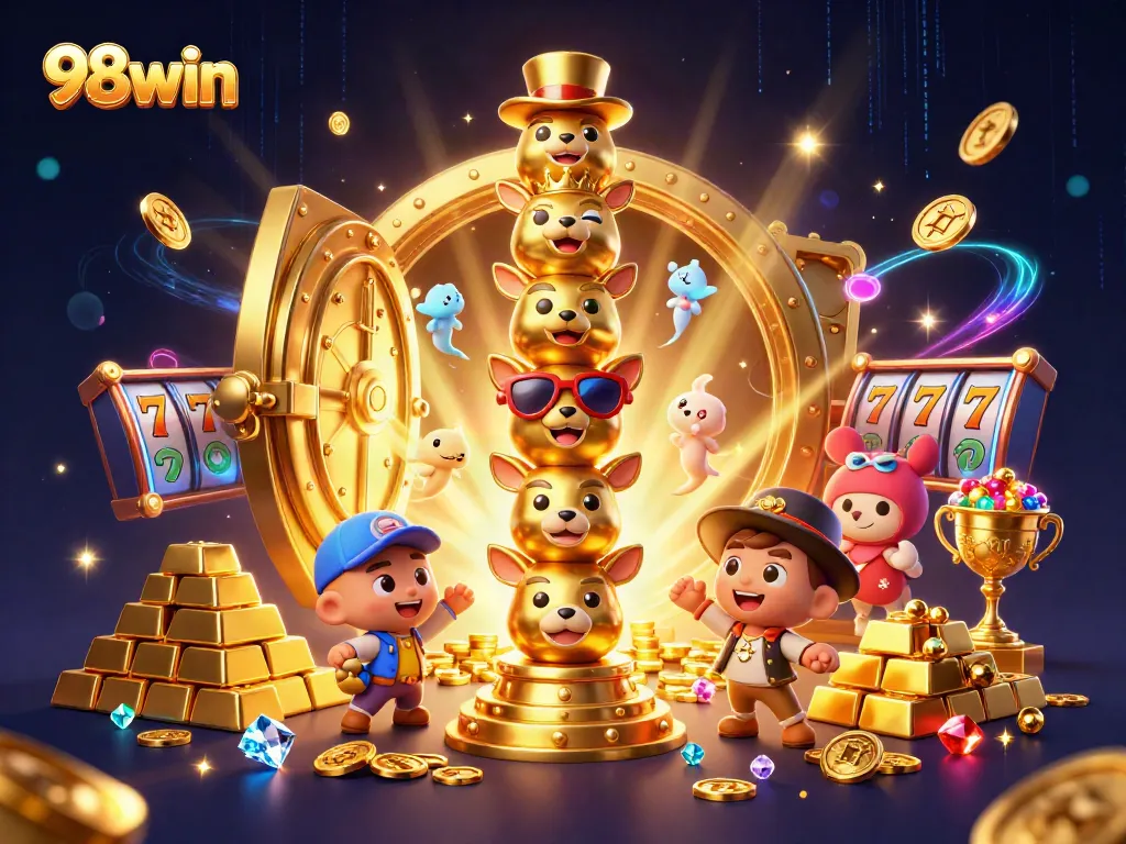 Experience excitement with 98win's vibrant casino icons in a dynamic golden illustration.