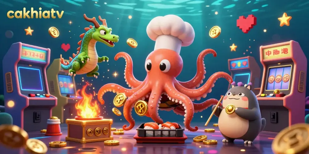 Cakhiatv's vibrant 3D casino scene features a cartoon octopus cooking slots and a dragon with golden coins.