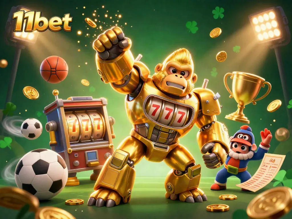 Engage with 11bet's thrilling 3D casino action featuring a unique golden gorilla mech.