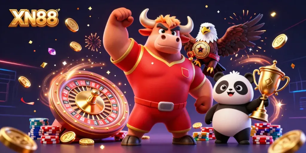 Experience XN88 with dynamic casino characters celebrating amidst vibrant game elements.