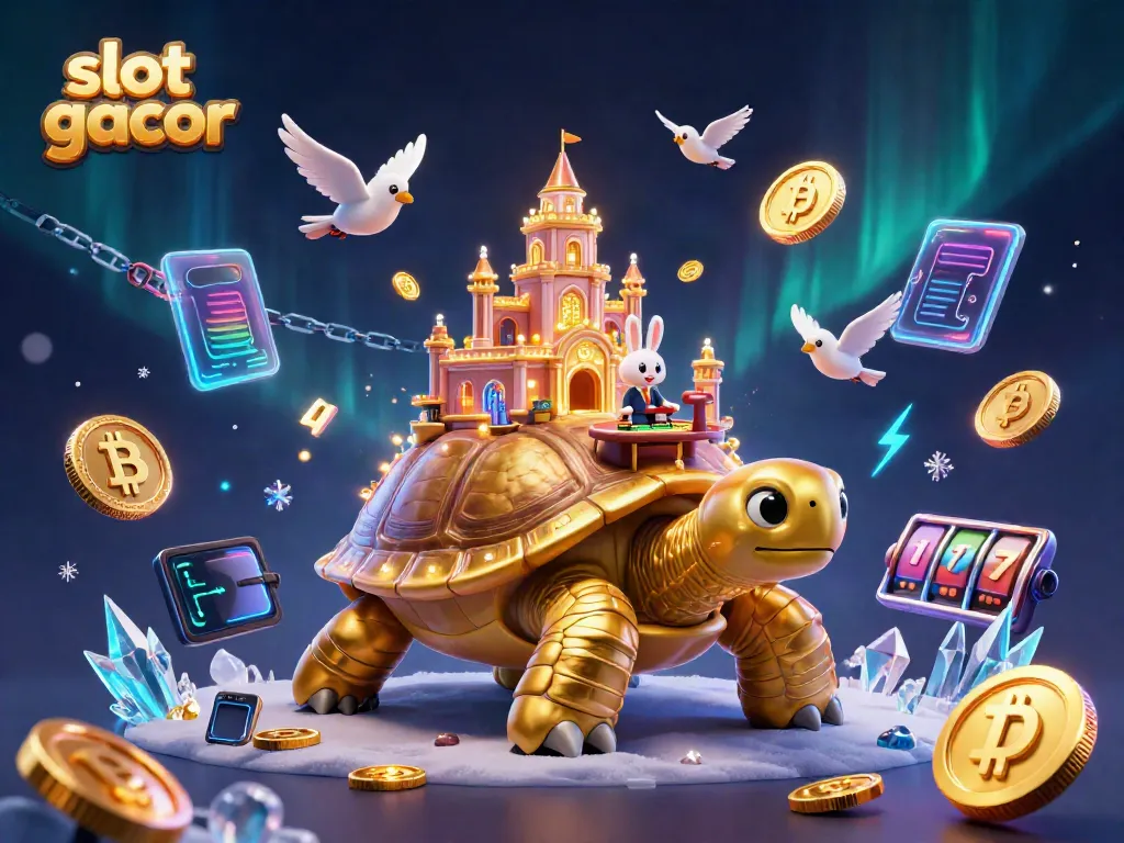 Experience the excitement of slot gacor with a vibrant 3D casino scene featuring a golden tortoise and a rabbit dealer.