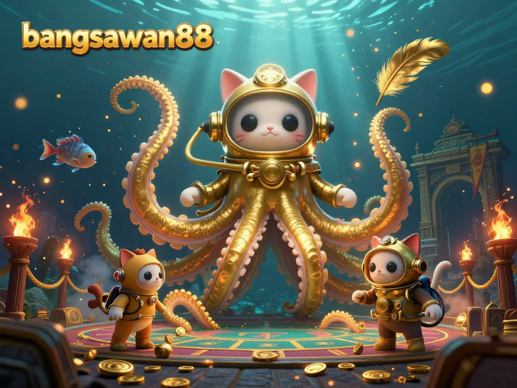 Experience the immersive world of bangsawan88 with a vibrant 3D illustration showcasing a kraken, diving cat, and bioluminescent fish.