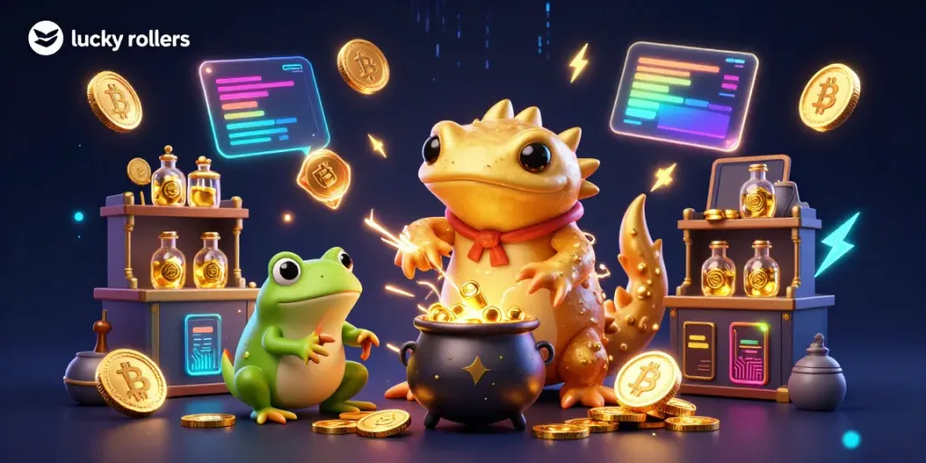 Lucky rollers enriches your crypto gambling experience with vibrant 3D digital art filled with gold and crypto elements.