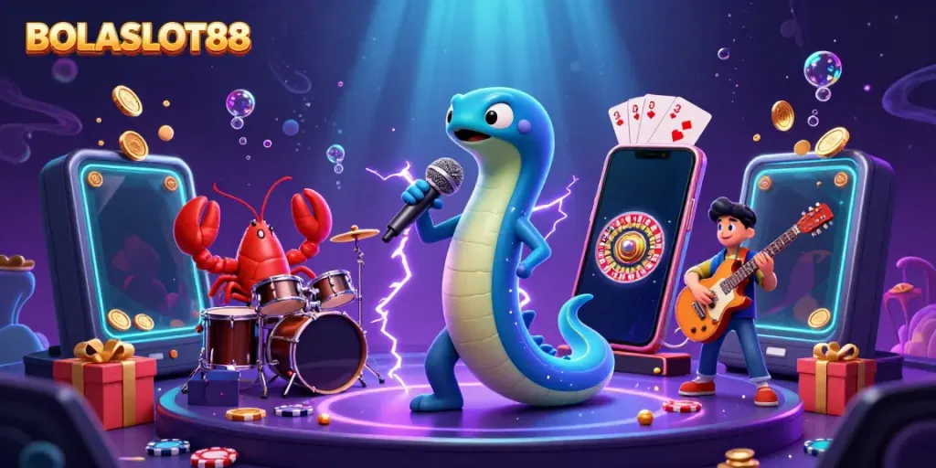 BOLASLOT88 showcases an electrifying underwater casino scene with a DJ electric eel and vibrant gambling elements.
