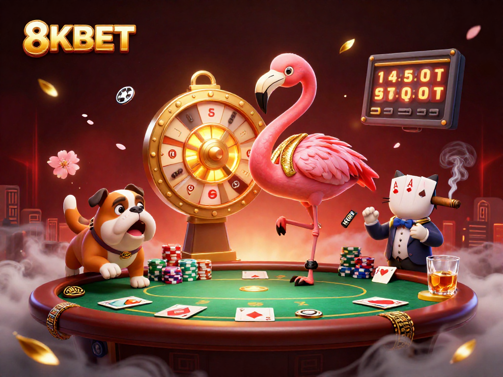 Join the excitement of 8KBET with vibrant characters in a thrilling casino scene featuring poker and prizes.