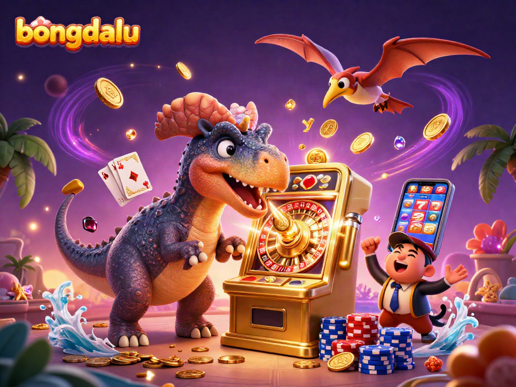 Bongdalu shows a pachycephalosaurus causing a jackpot on a slot machine amidst dazzling casino elements.