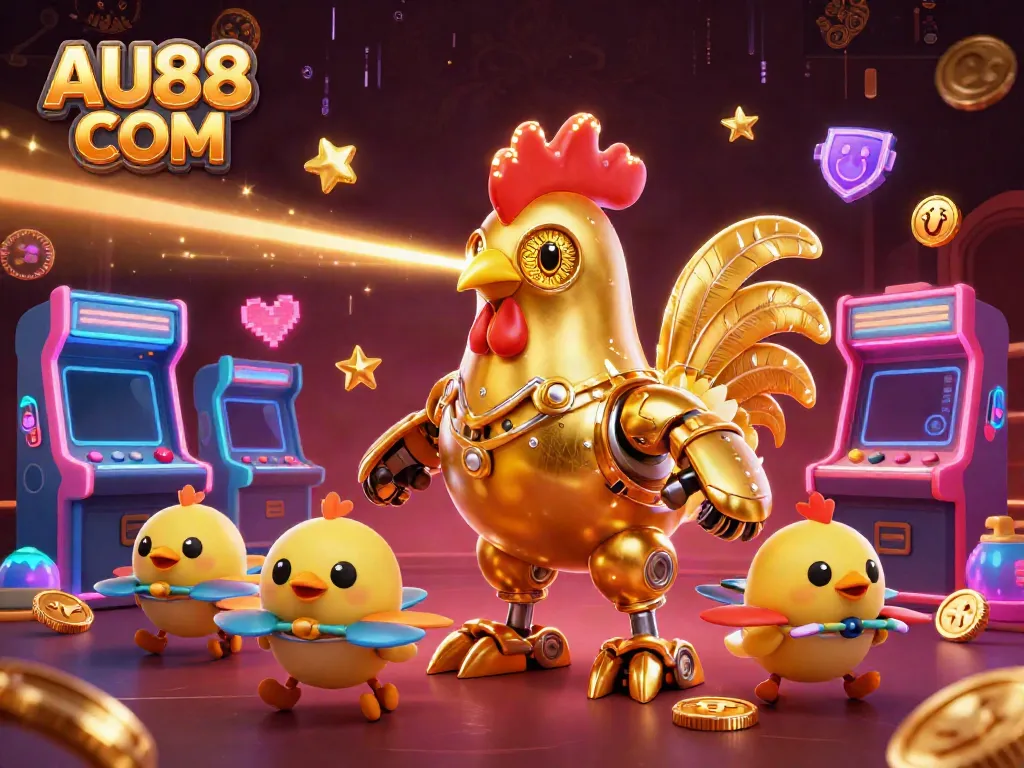 Engage with the dynamic AU88 COM universe, featuring colorful arcade games and a futuristic rooster robot.