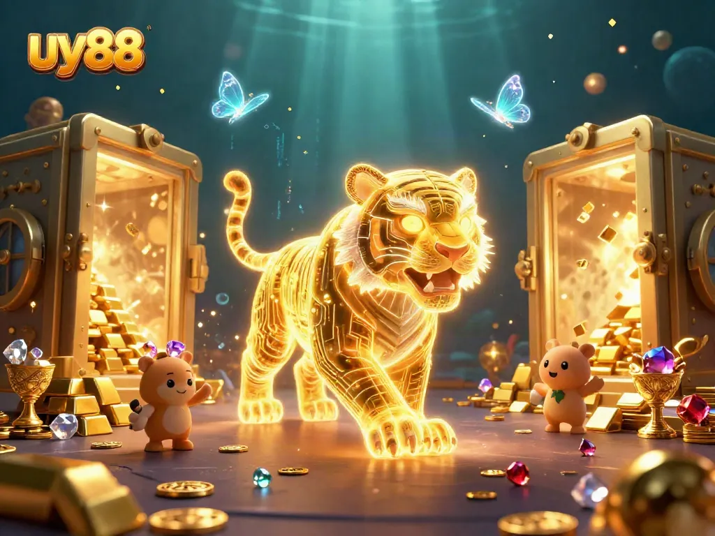 Experience thrilling gaming with uy88, featuring a neon tiger in a dazzling digital casino landscape.