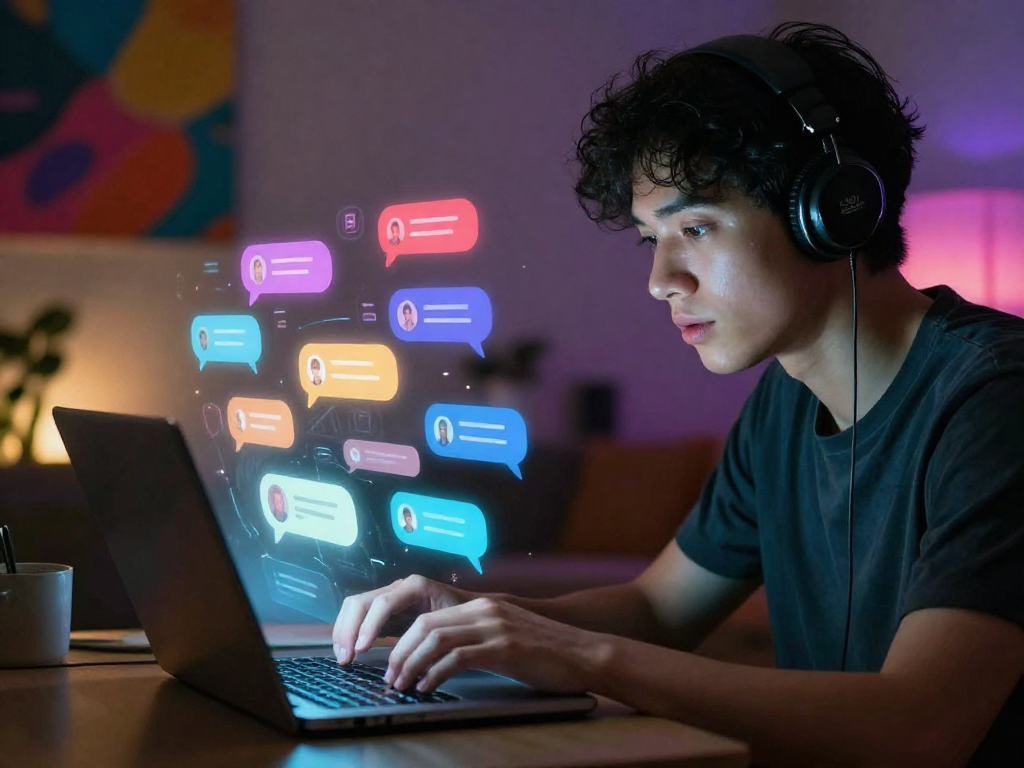 Engaging ai porn chat experience with user interacting with AI, vibrant digital elements.