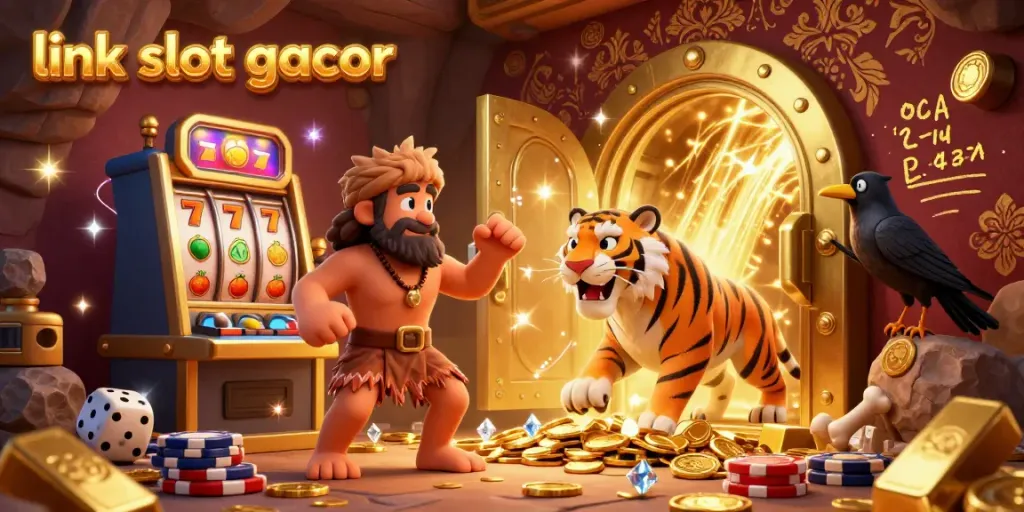 Experience the thrill at link slot gacor with vibrant 3D characters in a prehistoric casino scene filled with gold treasures.