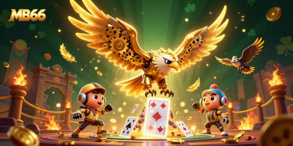 MB66 showcases a thrilling dive of a golden eagle among holographic cards in a vibrant casino atmosphere.