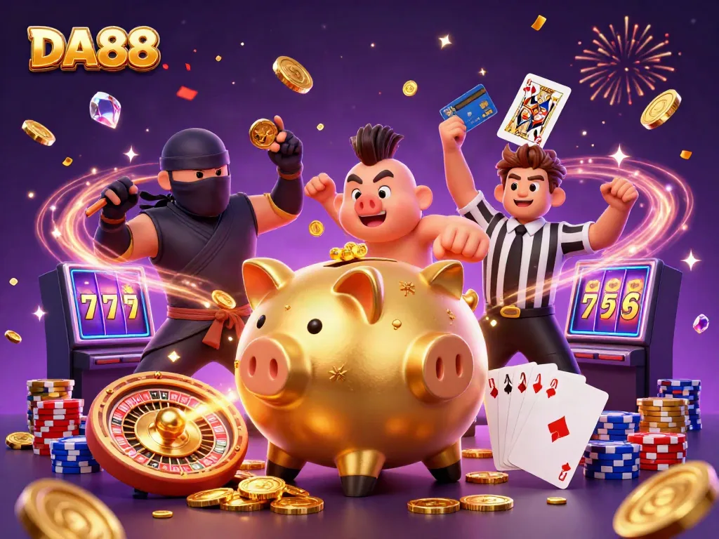 DA88 showcases a lively casino scene with dynamic characters and vibrant game elements.