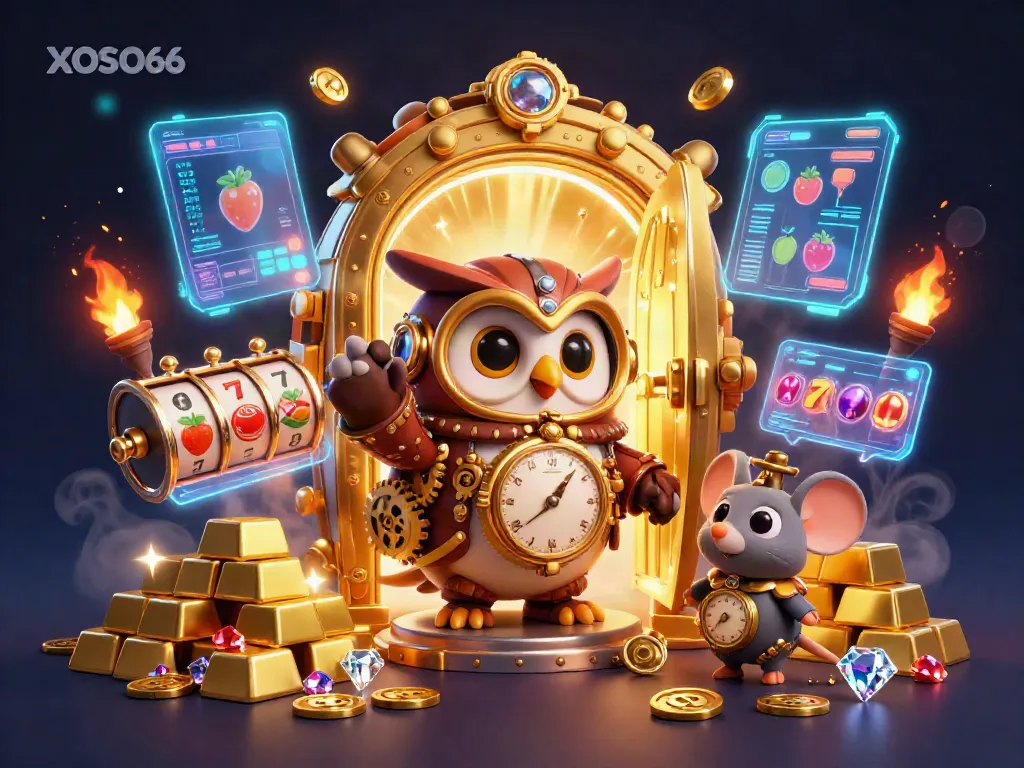 XOSO66 winning slots scene featuring a time-traveler owl and treasures bursting with excitement.