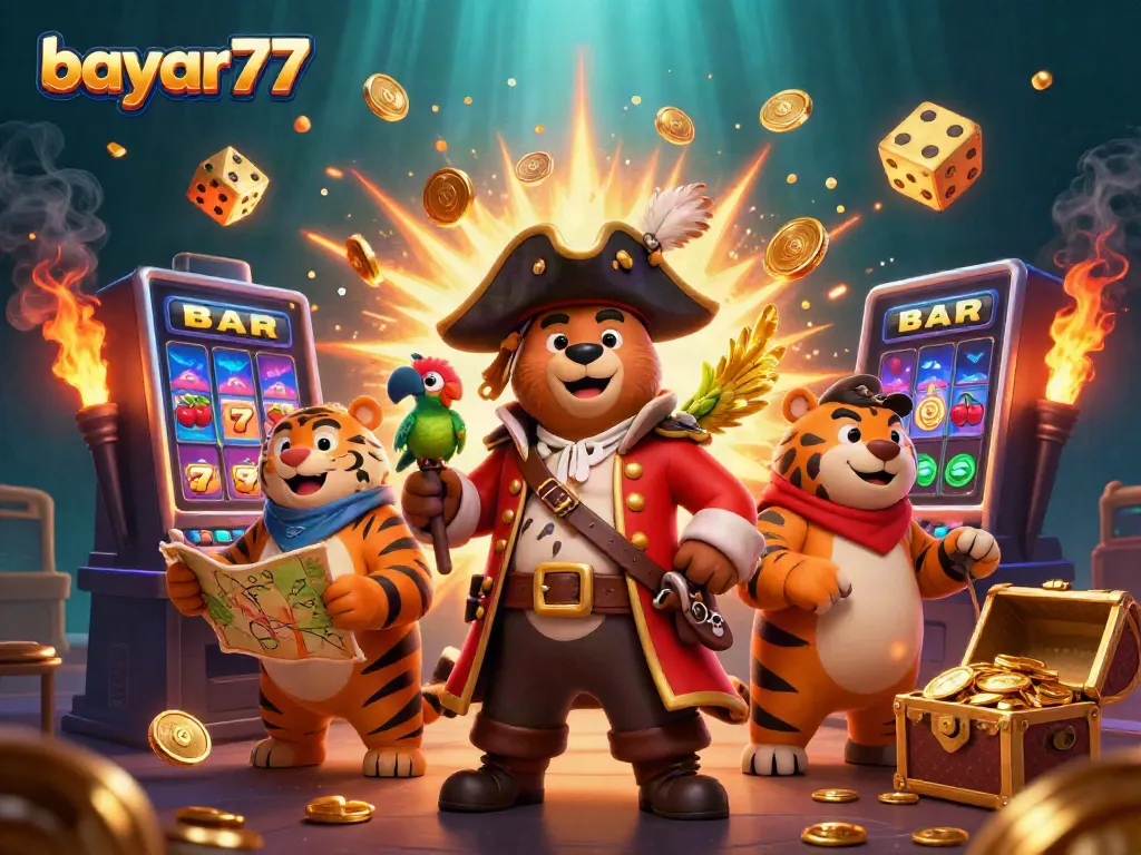 Experience thrilling gaming action with bayar77 through a vibrant casino scene filled with characters and symbols.