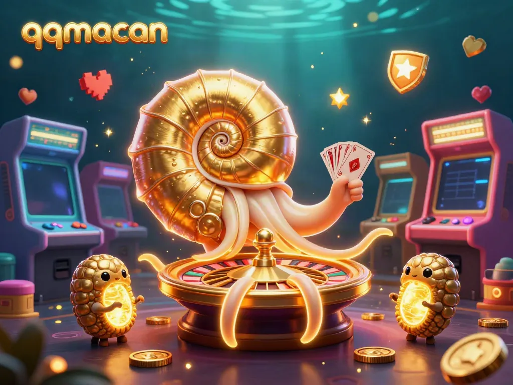 Engage with qqmacan's thrilling world of gaming, featuring a giant nautilus roulette wheel and glowing companions.