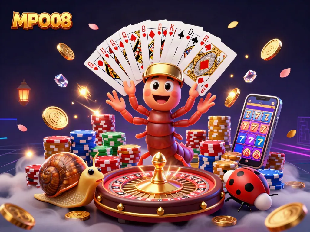 MPO08 showcases a colorful casino scene with a millipede dealer, high-roller snail, and excitement-packed gaming elements.
