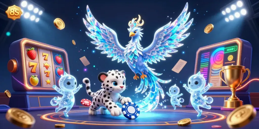 Experience the vibrant energy of 8S gaming with an ice phoenix and whimsical gambling elements.