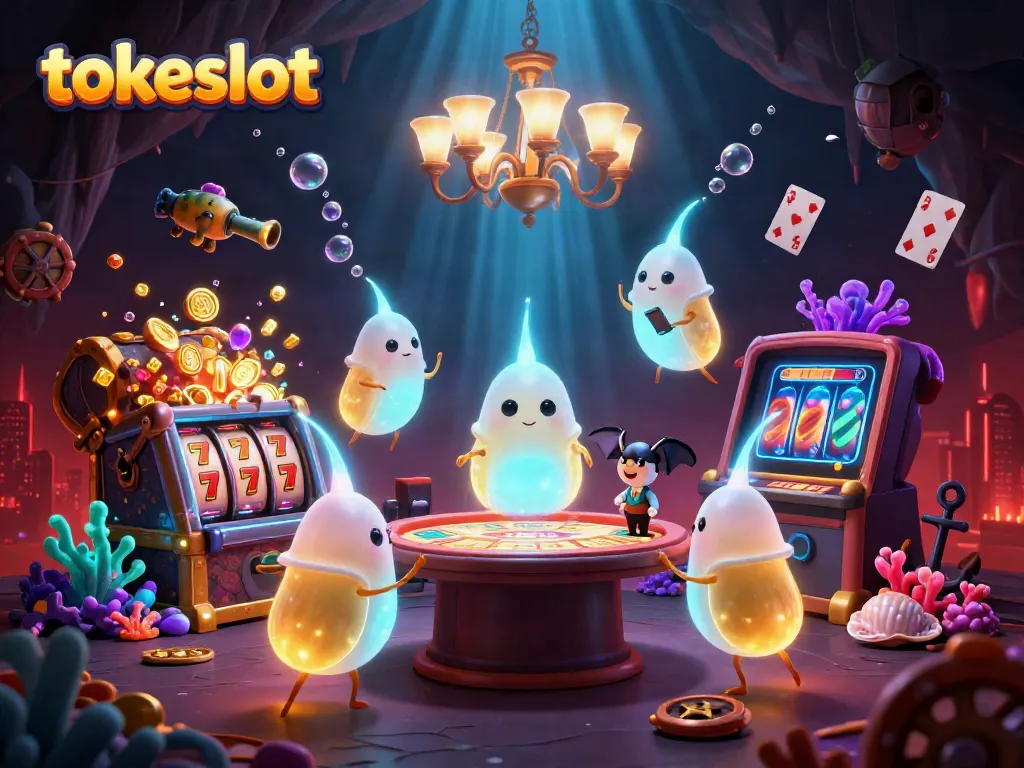 Tokeslot's vibrant 3D casino scene showcasing bioluminescent glowworms illuminating slot games and a unique bat dealer.