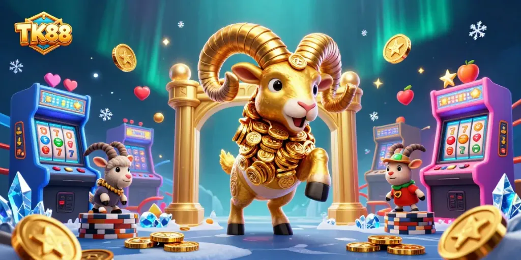 Experience thrilling gameplay and big wins with TK88's dynamic casino scene filled with vibrant slot machines.