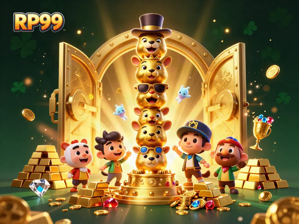 Engage with RP99 in this vibrant casino-themed 3D illustration featuring dynamic game elements and rich visuals.