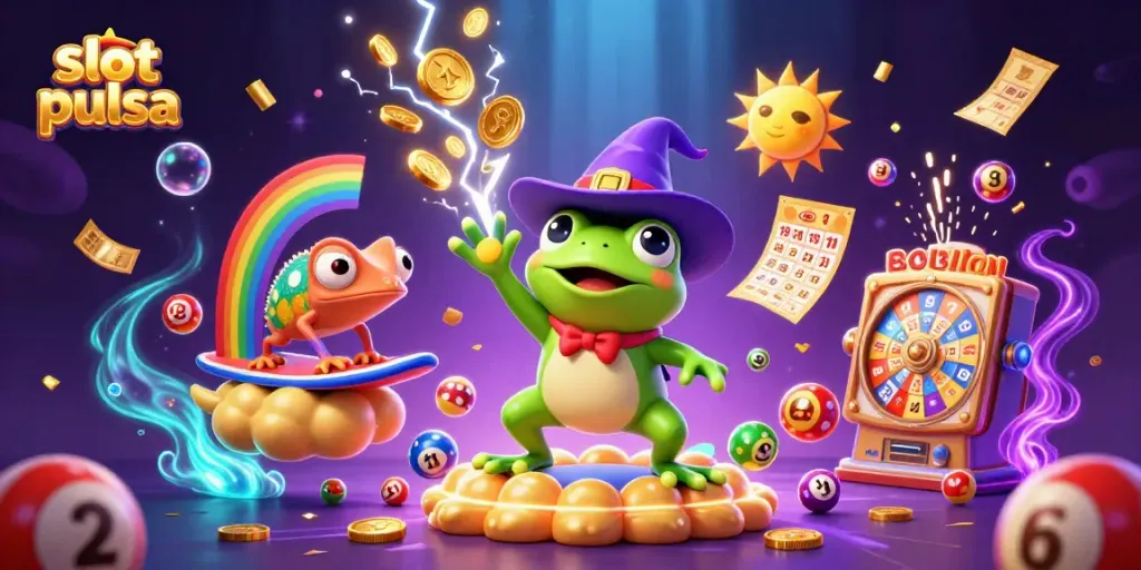 Experience the excitement of slot pulsa games with golden coins raining down in this vibrant scene.