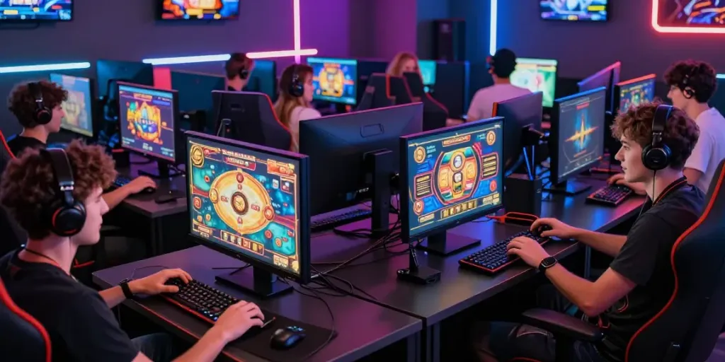Dynamic online gaming scene with players enjoying their favorite slot games at Bro138, showcasing high-tech gaming technology and excitement.