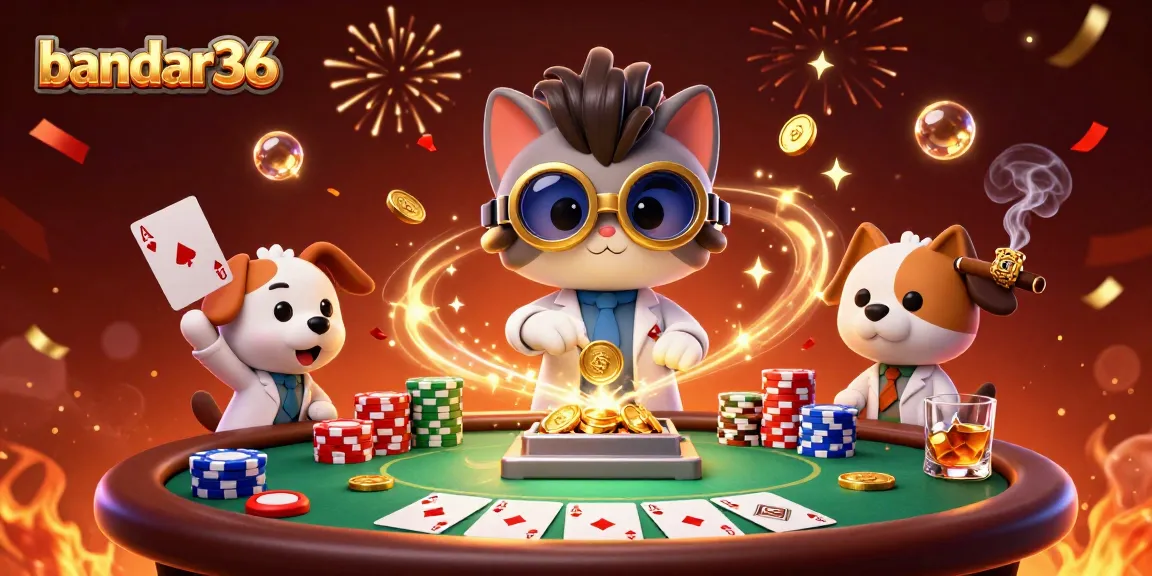 bandar36 menampilkan kucing ilmuwan gila di kasino dengan koin emas dan poker