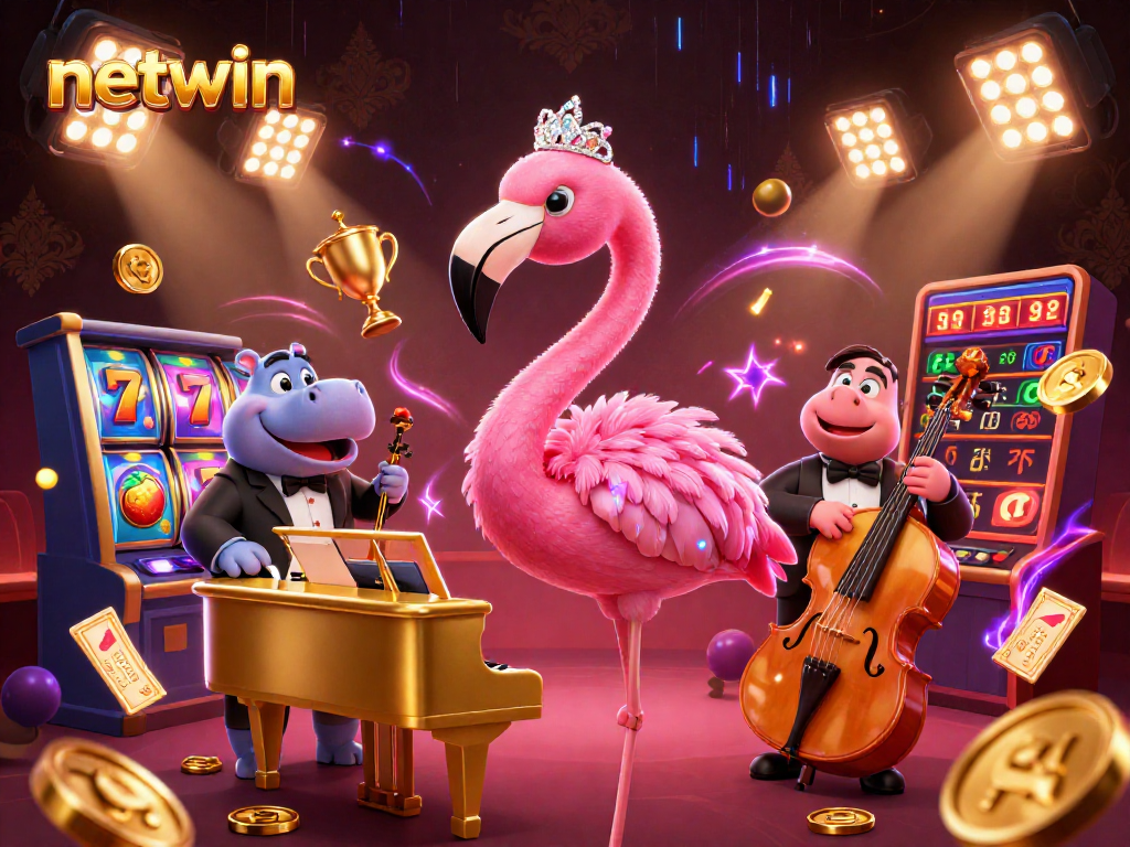 Join the excitement of netwin with a vibrant casino scene featuring 3D characters and thrilling game elements.