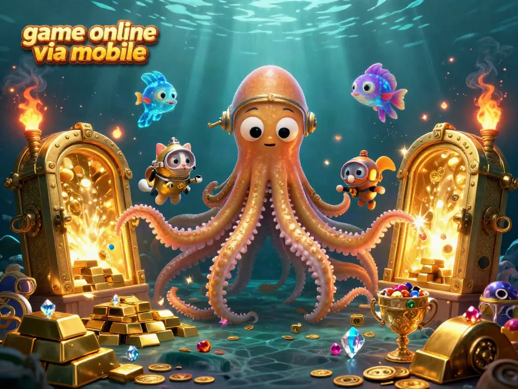 Experience the excitement of game online via mobile with a kraken, diver, and treasures in this vibrant scene.