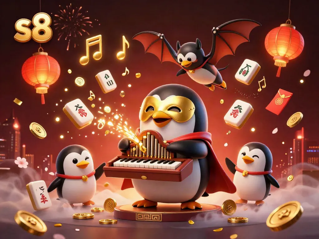 Experience the excitement at s8 with a 3D cartoon penguin playing an organ amidst golden coins and festive elements.