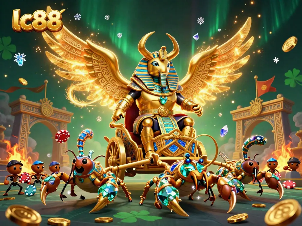 Experience thrilling gameplay with lc88 as a colossal scarab beetle rides a chariot amidst vibrant casino elements.