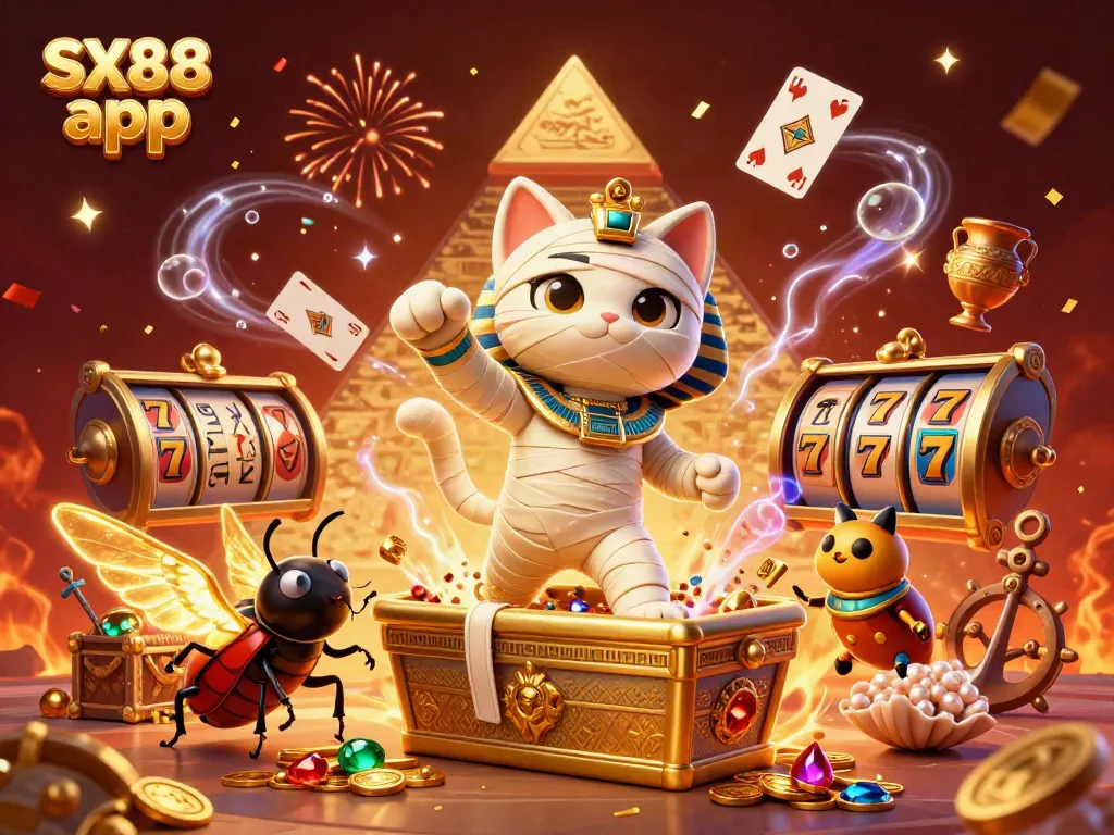 Experience excitement with the SX88 app featuring a mummy cat casino scene packed with treasures.