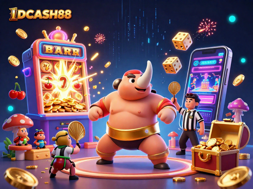 Experience the excitement of IDCASH88 with a vibrant scene featuring a sumo beetle champion and dynamic casino elements.