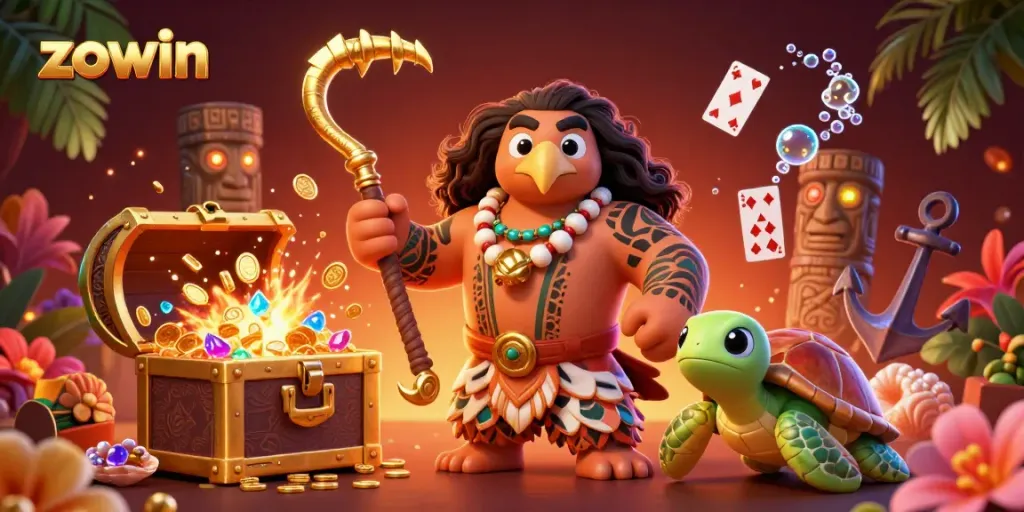 Zowin presents an exciting casino scene with vibrant characters and game elements in action