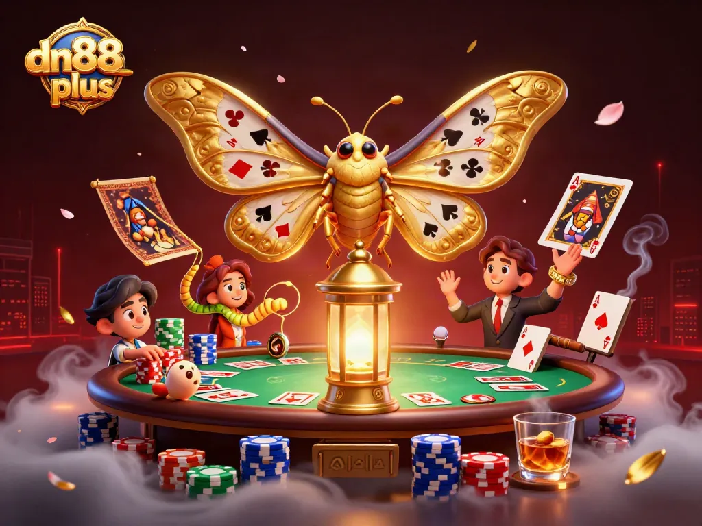 Spin to win at dn88plus with vibrant poker scenes featuring a majestic moth and rich casino elements.
