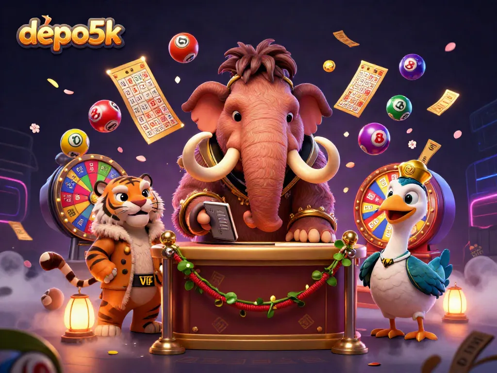 Experience the excitement of depo5k with vibrant lottery elements and lively casino characters.