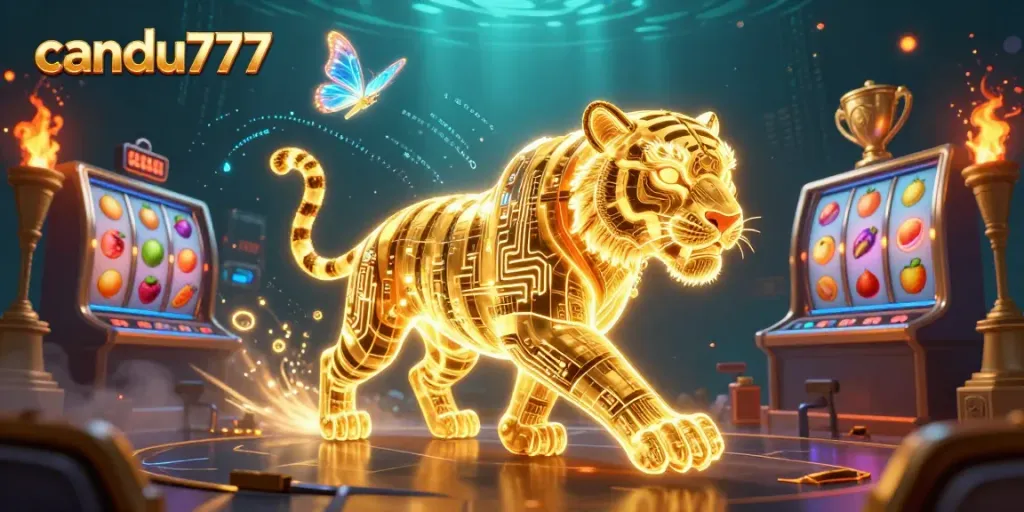 Rasakan keseruan permainan slot gacor di CANDU777 dengan karakter neon harimau dan simbol buah yang berkilau.