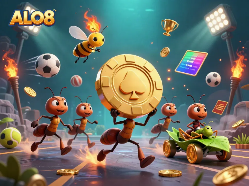 UALO8 celebrates with 3D cartoon ants carrying a massive poker chip, dynamic casino scene filled with sports elements.