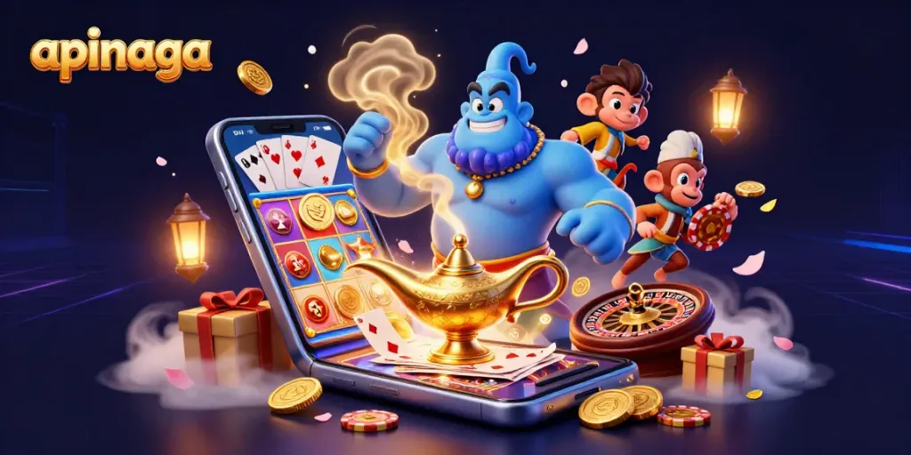 Spin to win with apinaga in this vibrant 3D casino scene showcasing rich slots and magical elements.
