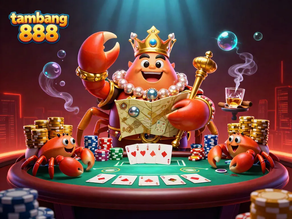 Prediksi jitu di tambang 888, ilustrasi kasino dengan kepiting emas dan tumpukan chip