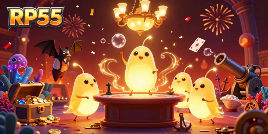 RP55 illuminates a vibrant casino scene with glowworms and dynamic gaming elements.
