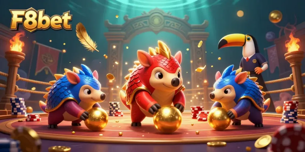 Engage with vibrant F8bet game scene featuring rival pangolins rolling golden balls among poker chips.