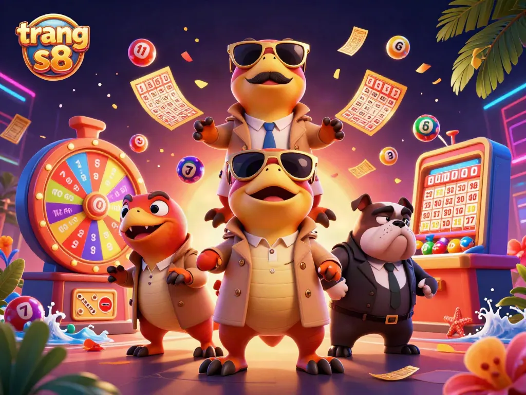 Play and win on trang s8 with dynamic casino elements like spinning wheels and vibrant lottery balls.