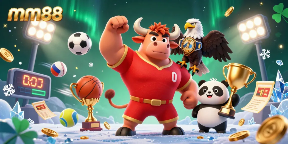 Experience the thrill of mm88 with a vibrant 3D scene showcasing a victorious bull, eagle, and panda amidst dynamic gambling elements.