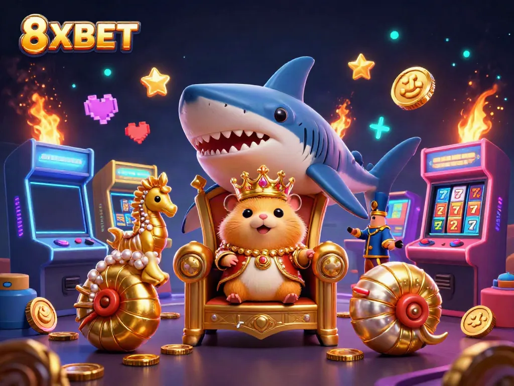 Engage in thrilling 8XBET gaming with a dynamic scene featuring a fierce hamster king and vibrant casino elements.